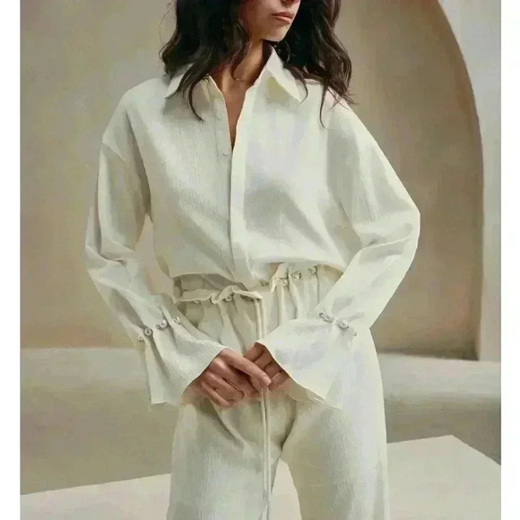 Elegant Pearl Decor Ruffle Sleeve Beige Blouse - Beige - Picture 1 of 7